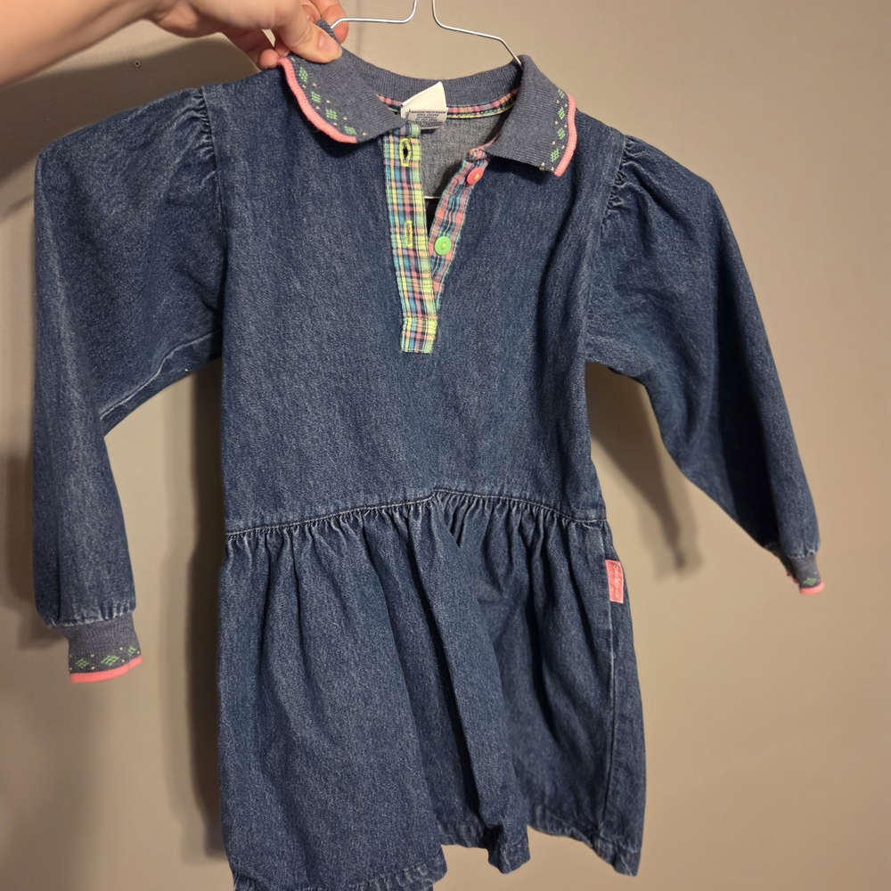90s OshKosh Denim Kids Dress with Pink Accents